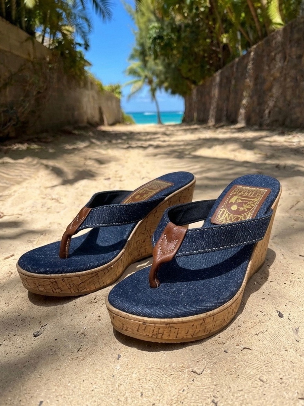 🌺 MADE IN HAWAII Island Slipper Denim Cork Wedge Thong Platform Sandals 6
